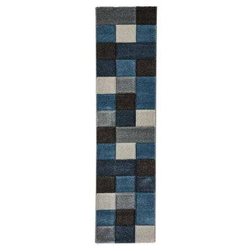 Brooklyn 646 Modern Geometric Tile Blocks Soft Carved Durable Short Pile Blue/Grey/Cream Runner-Think Rugs-Rug Love - The Most Loved Rug Store